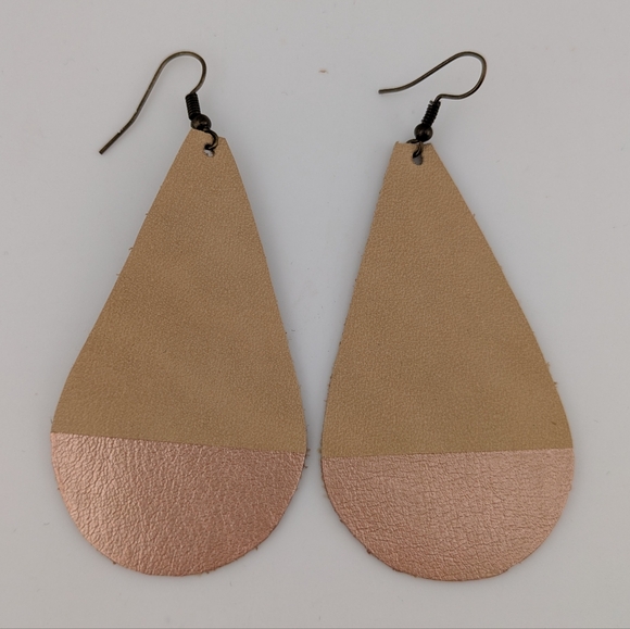 Leather Teardrop Gold & Rose Gold Earrings - Picture 3 of 4